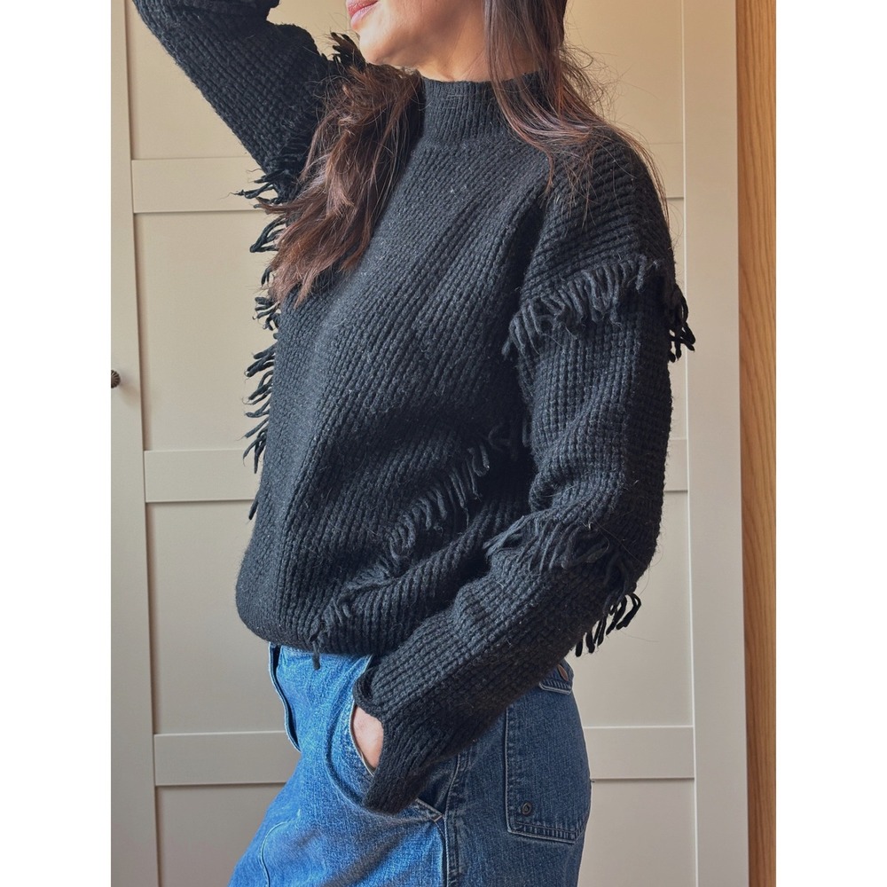Michael Michael Kors Black Fringe Ribbed Mock Neck Sweater Womens Medium